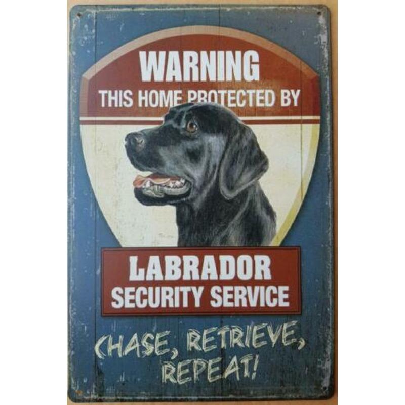 zwarte labrador hond security service reclamebord metaal