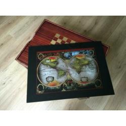 Antiek speeltafel, glas en hout - Schaakbord + Backgammon