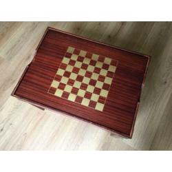 Antiek speeltafel, glas en hout - Schaakbord + Backgammon