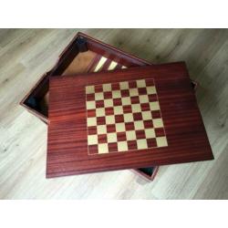 Antiek speeltafel, glas en hout - Schaakbord + Backgammon