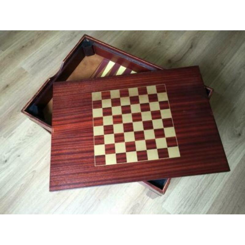 Antiek speeltafel, glas en hout - Schaakbord + Backgammon