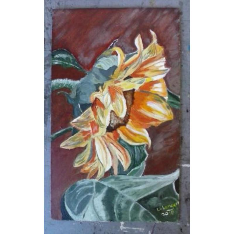 Zonnebloem acryl op mdf door: Lia van Langen