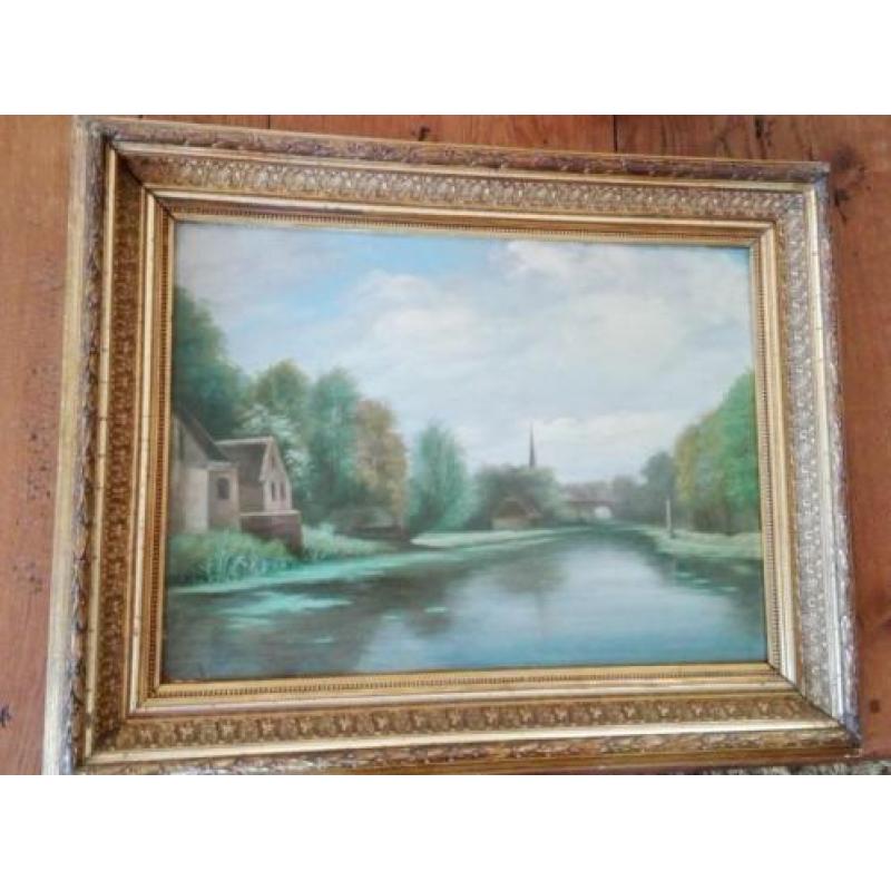 Oud schilderij met water uit 1893 met sierlijst